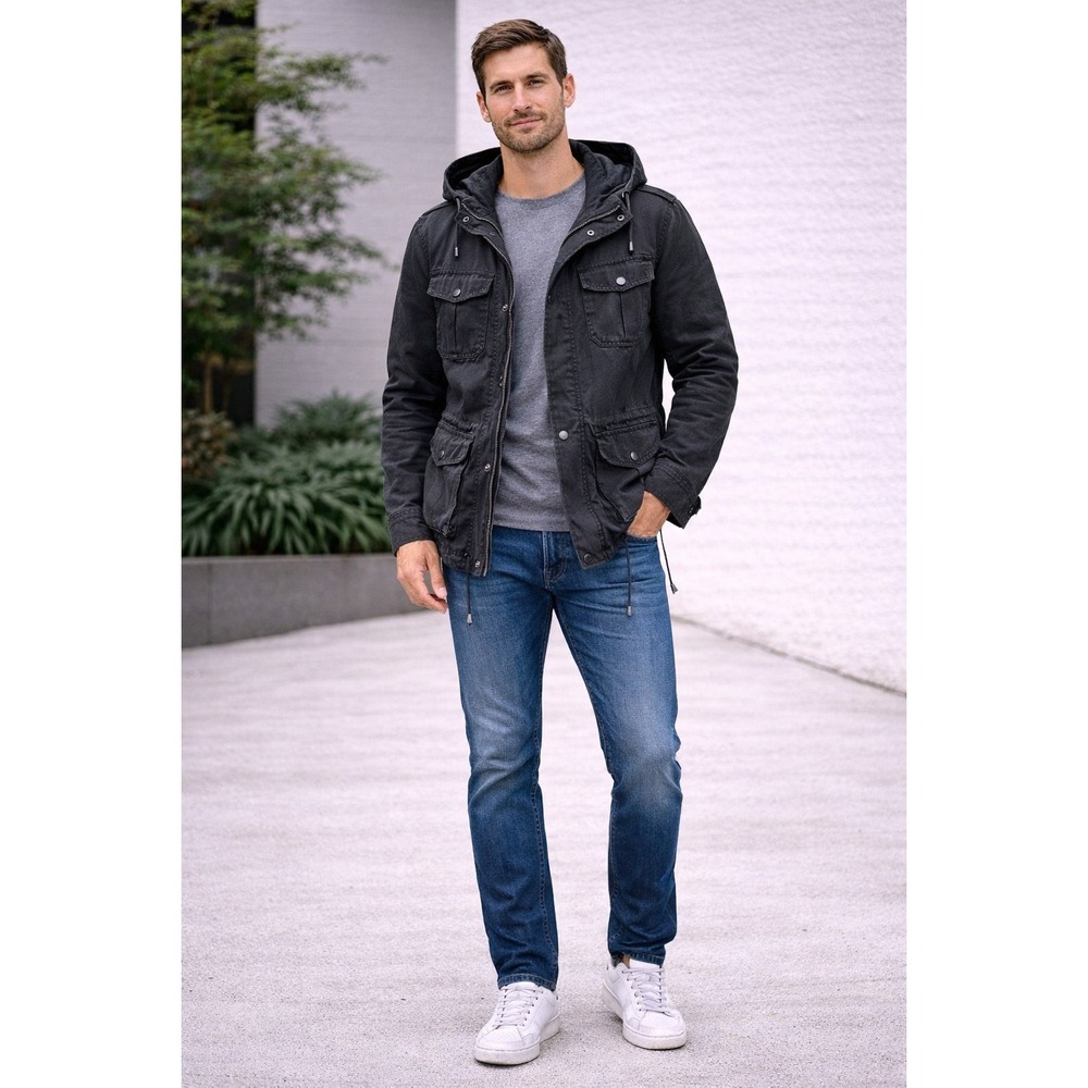 Buffalo David‎ Bitton Black Hooded Utility Jacket Men's Medium Field Coat